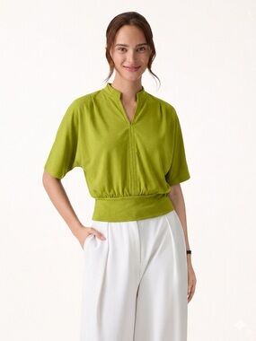 OGL Lime Green Split V-Neck Blouson Short Sleeve Top M